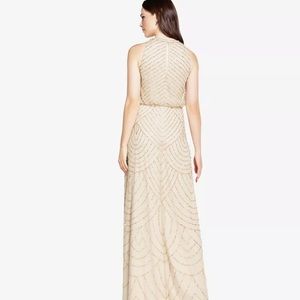 Adriana Papell Art Deco Beaded Blouson Dress Champagne Gold